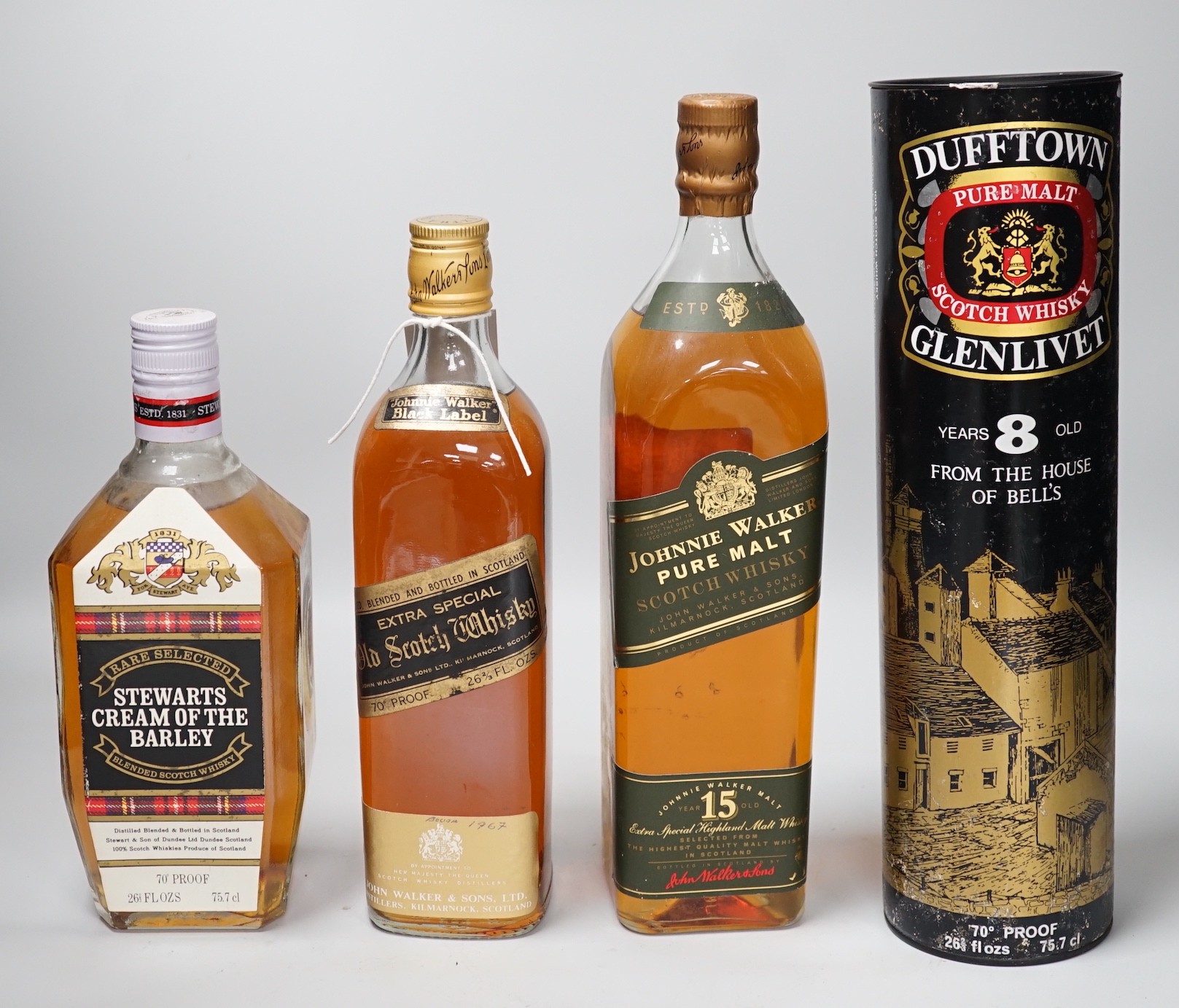 Johnnie Walker 1990's whisky, Johnnie Walker Black Label 1960's, Dufftown 1970's whisky and Stewarts whisky, 1970's